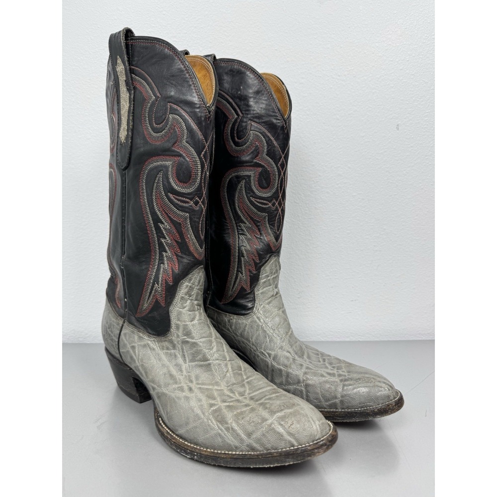 Vintage 70s American Cowboy Boots Mens 9.5 B Gray Exotic Elephant Print Leather
